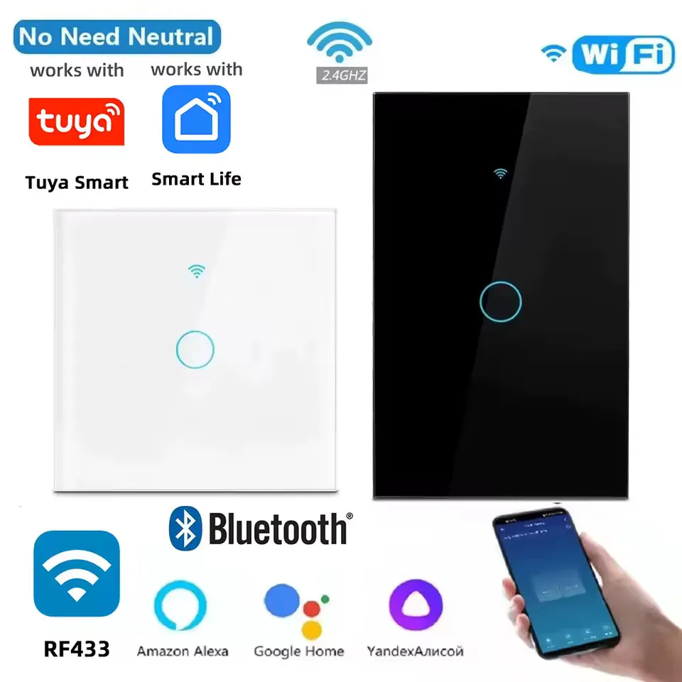 Interruptor inteligente de Pared RF 433MHz Bluetooth, Sensor táctil interruptores de luz LED, Trabaja con Alexa, Google Home, y Tuya WiFi. 